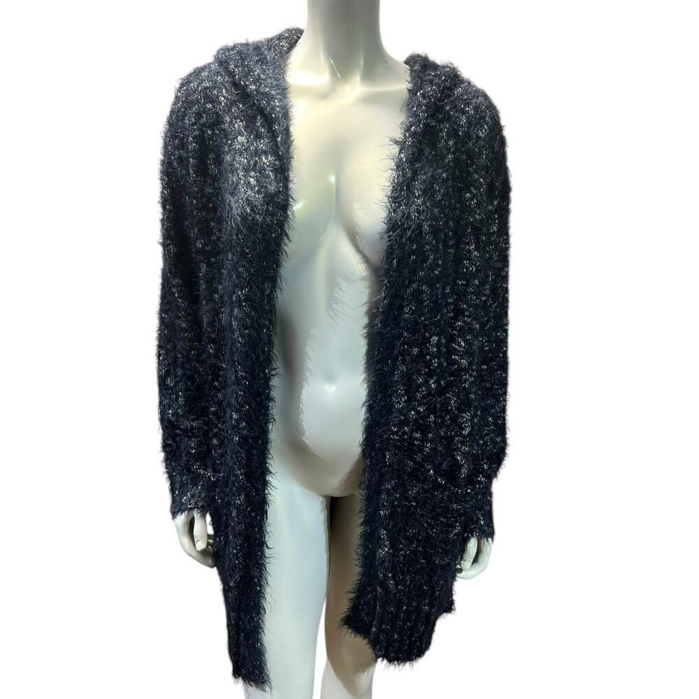 Express Medium Hooded Sweater Grey & White Speckled Knit Fuzzy